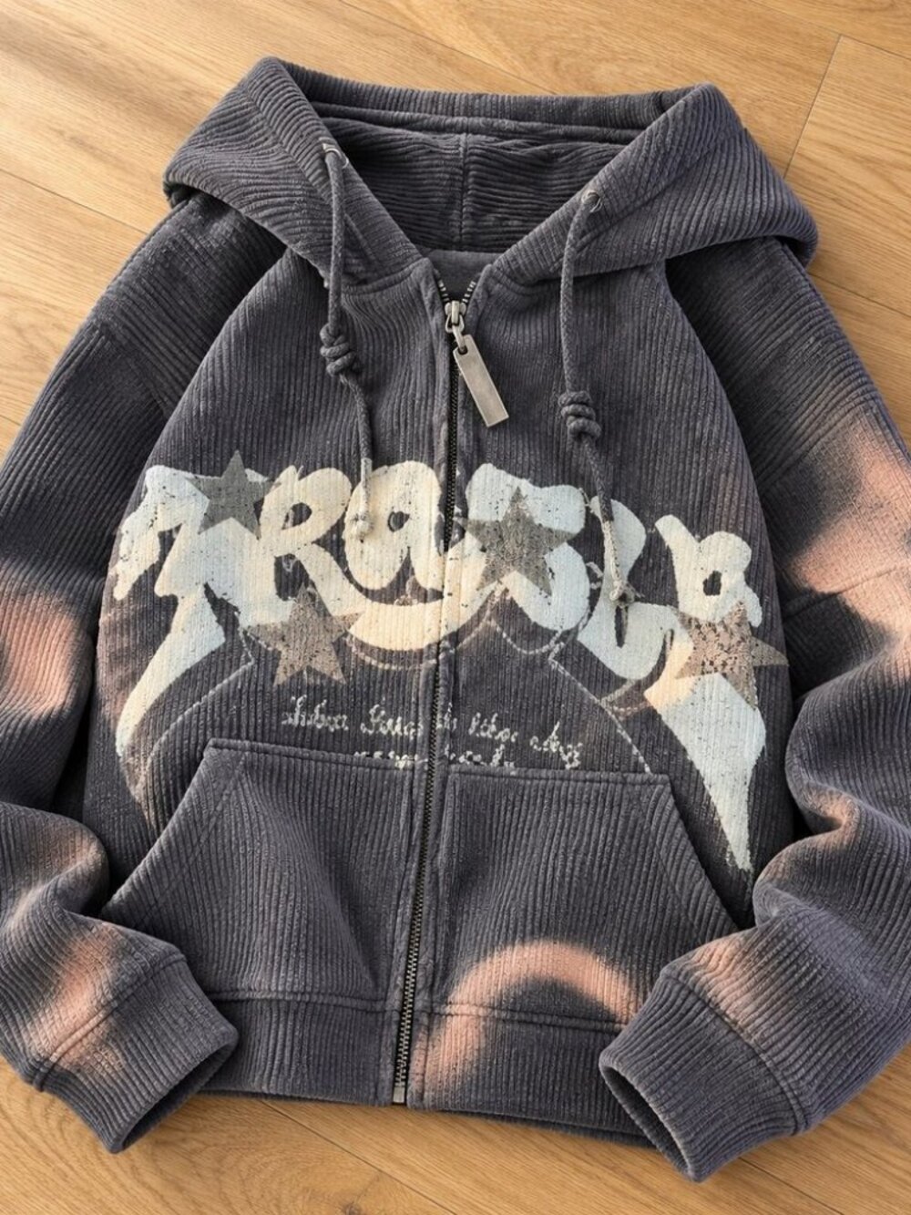 Washed grey corduroy zip up hoodie with star graphic - y2k vintage wash